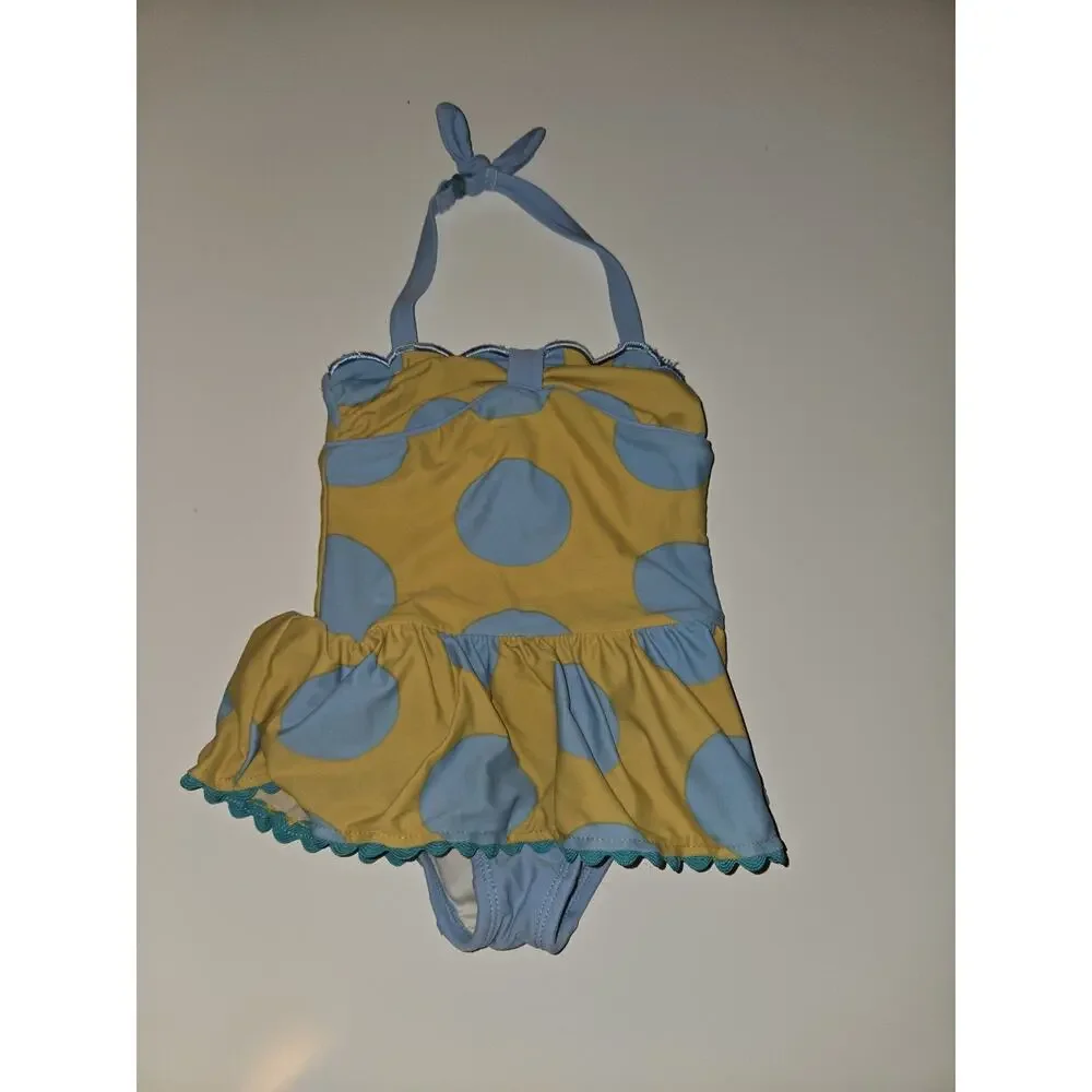 Matilda Jane Girls Size 2 Swimsuit Yellow Blue Polka Dot Skirted Halter One Piec
